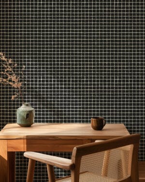 L7 black colorway grid pattern peel and stick wallpaper in living room by Showplace Drive by Kim White