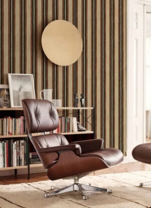 Earned Stripes wallpaper by Showplace Drive, hand-drawn vertical stripes in rust, espresso and slate on a warm cream background.