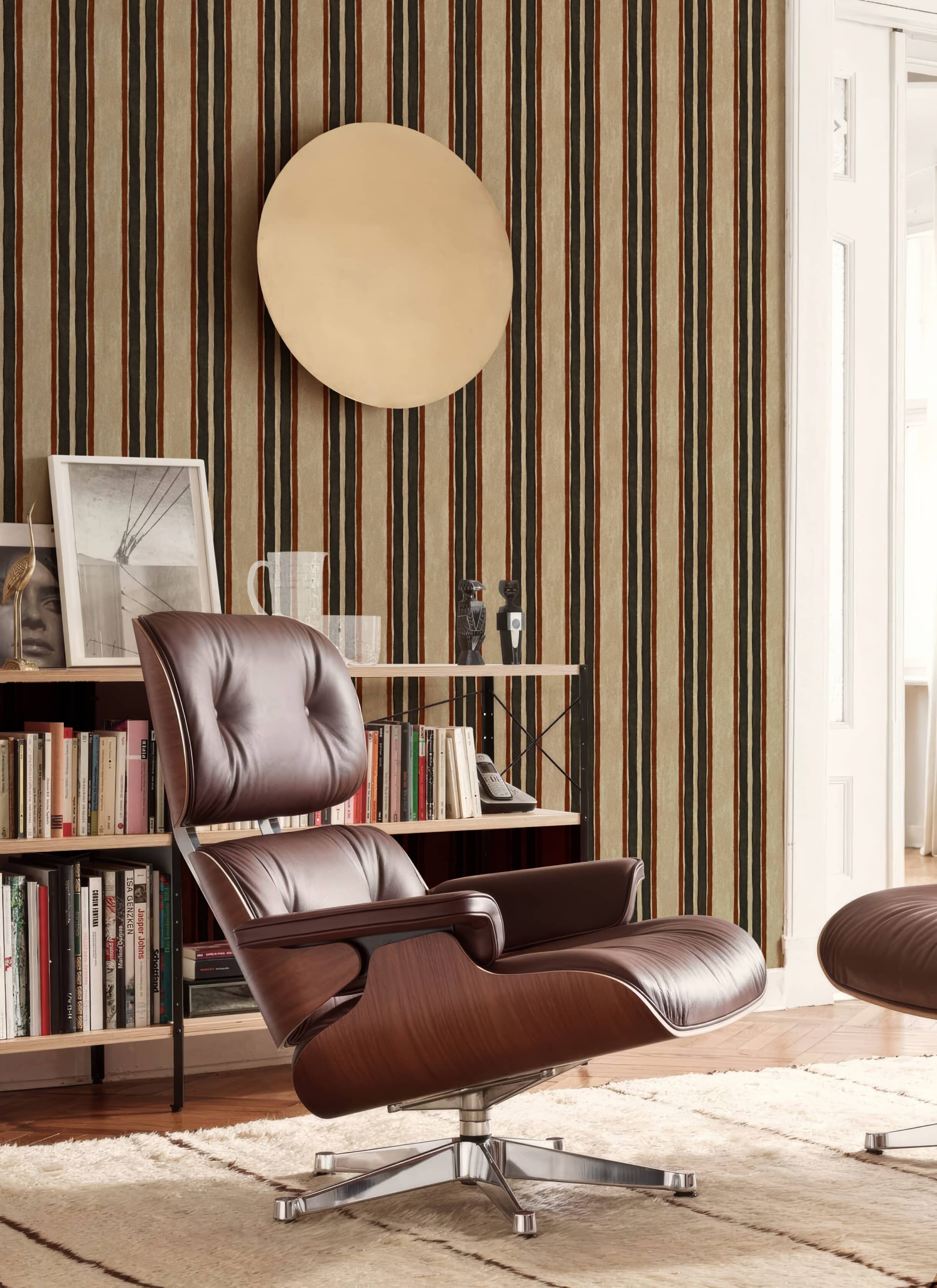 Earned Stripes wallpaper by Showplace Drive, hand-drawn vertical stripes in rust, espresso and slate on a warm cream background.